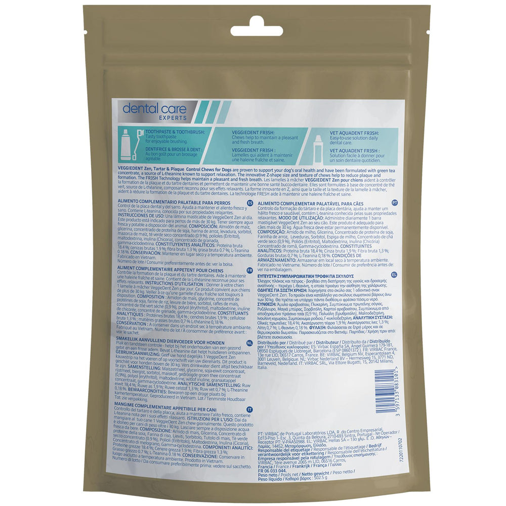 Virbac Veggiedent Zen 15 Dental Oral Care Dog Chews + Calming Anxiety Relief XS S M L