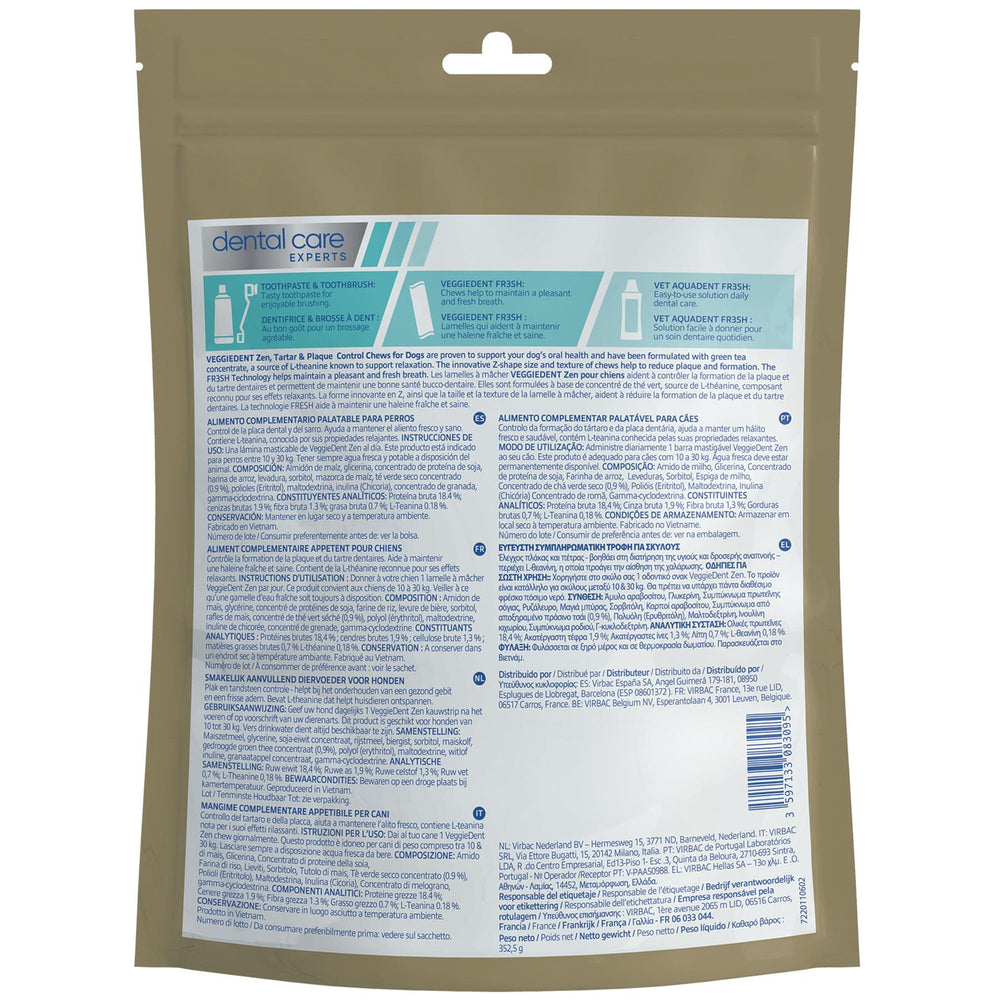 Virbac Veggiedent Zen 15 Dental Oral Care Dog Chews + Calming Anxiety Relief XS S M L