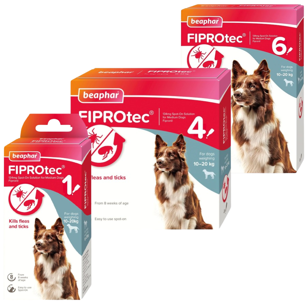 Beaphar FIPROtec Flea & Tick Spot-On Treatment for Medium Dogs (10-20kg), 1, 4, 6