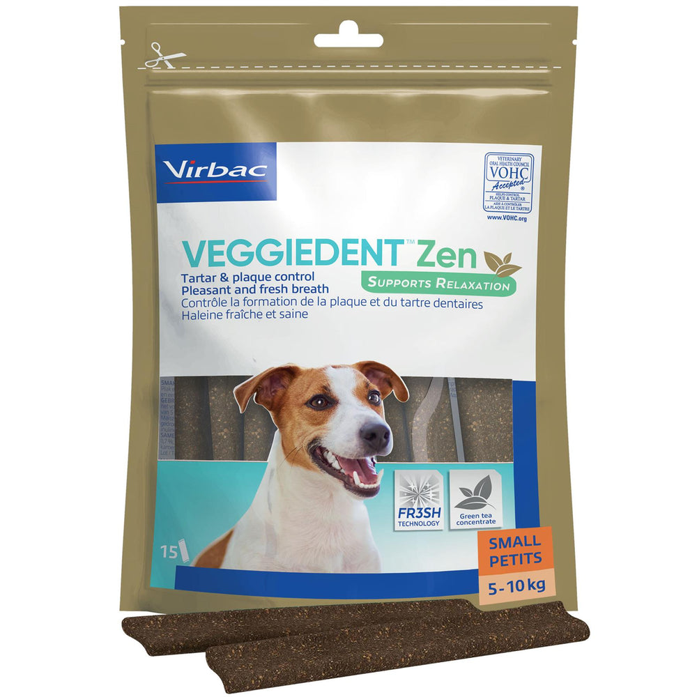 Virbac Veggiedent Zen 15 Dental Oral Care Dog Chews + Calming Anxiety Relief XS S M L
