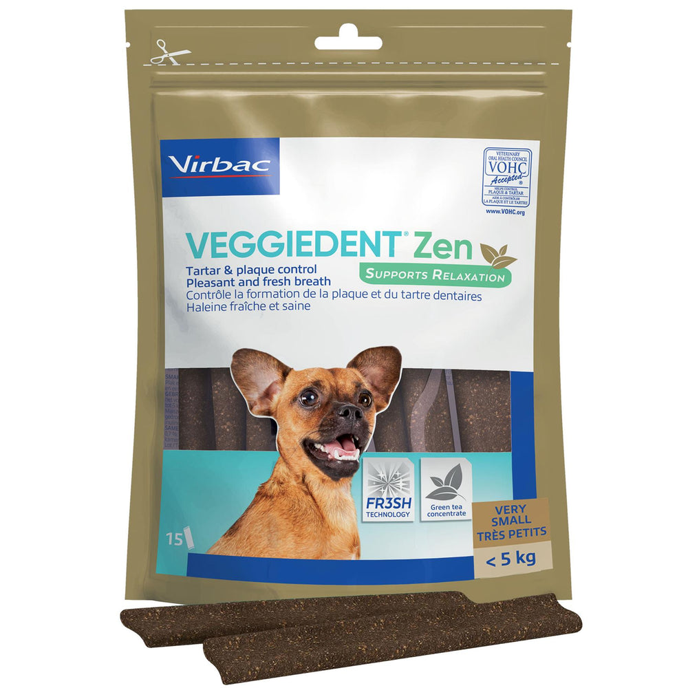 Virbac Veggiedent Zen 15 Dental Oral Care Dog Chews + Calming Anxiety Relief XS S M L