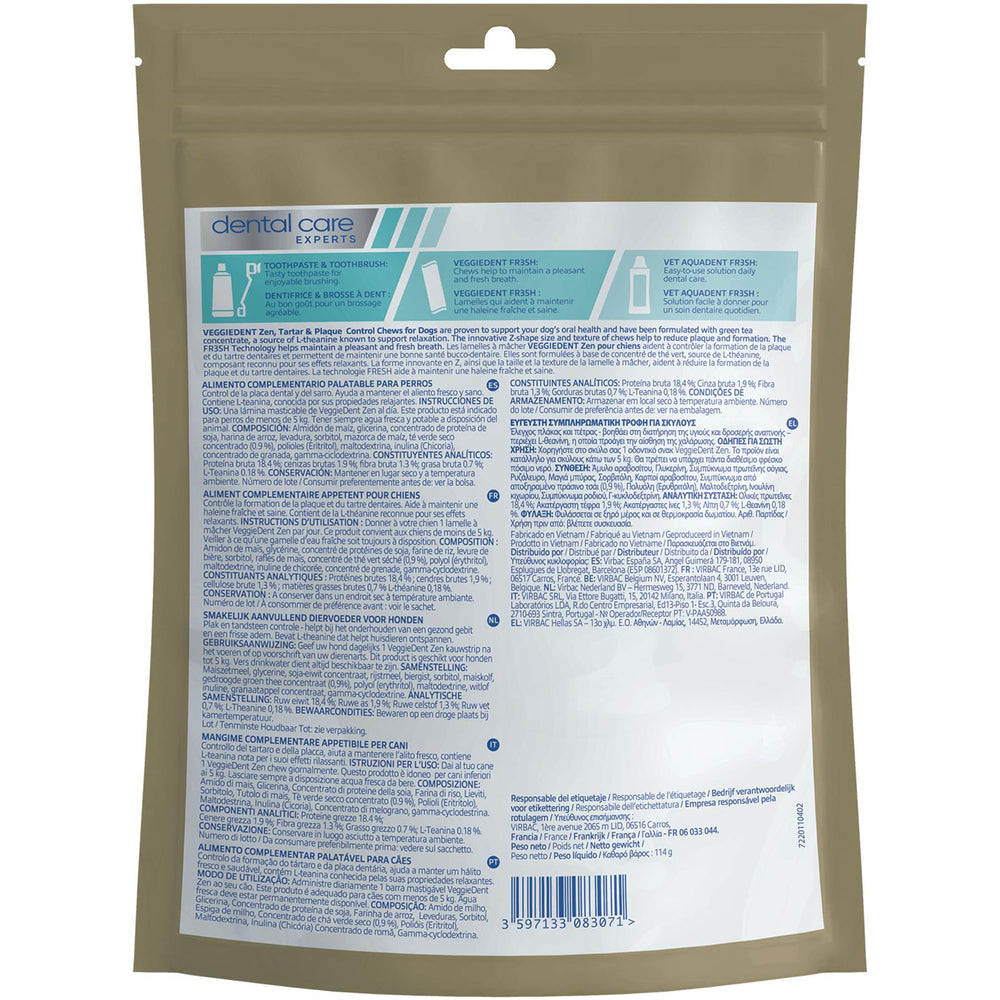 Virbac Veggiedent Zen 15 Dental Oral Care Dog Chews + Calming Anxiety Relief XS S M L