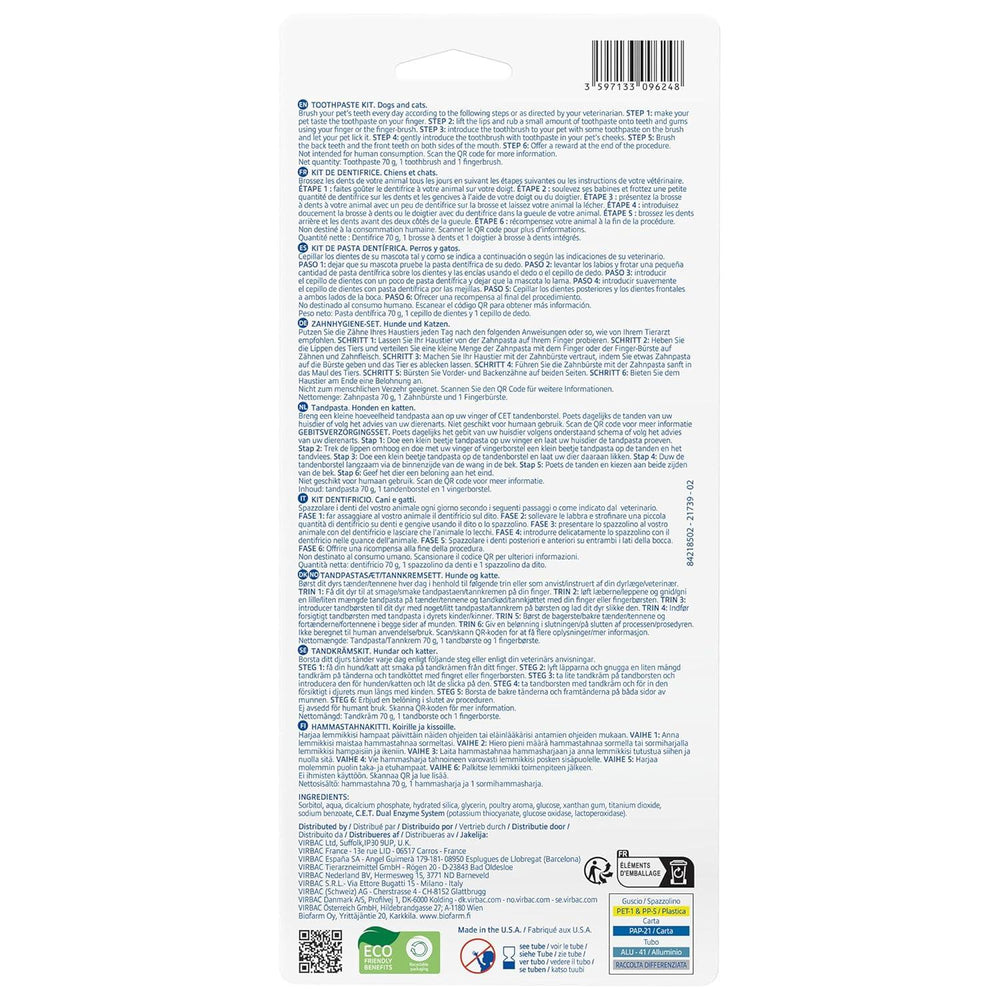 Virbac Dog Cat Toothpaste Kit Dental Toothbrush Finger Brush Poultry Flavour 70g Fish