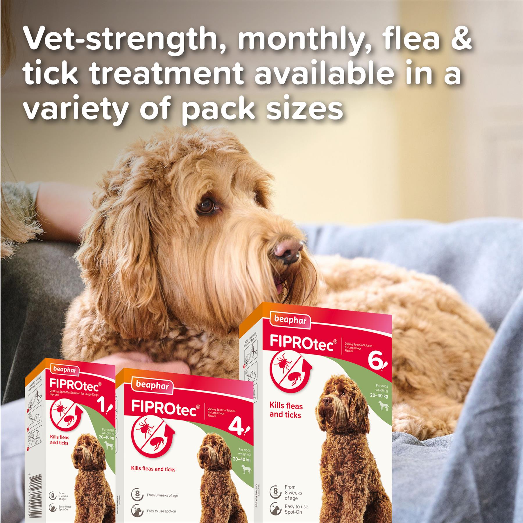 Beaphar FIPROtec Flea & Tick Spot-On Treatment for Large Dogs (20-40kg), 1, 4, 6 Pipettes