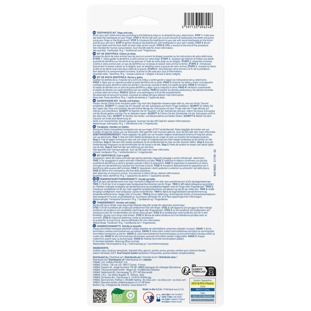 Virbac Dog Cat Toothpaste Kit Dental Toothbrush Finger Brush Poultry Flavour 70g Fish