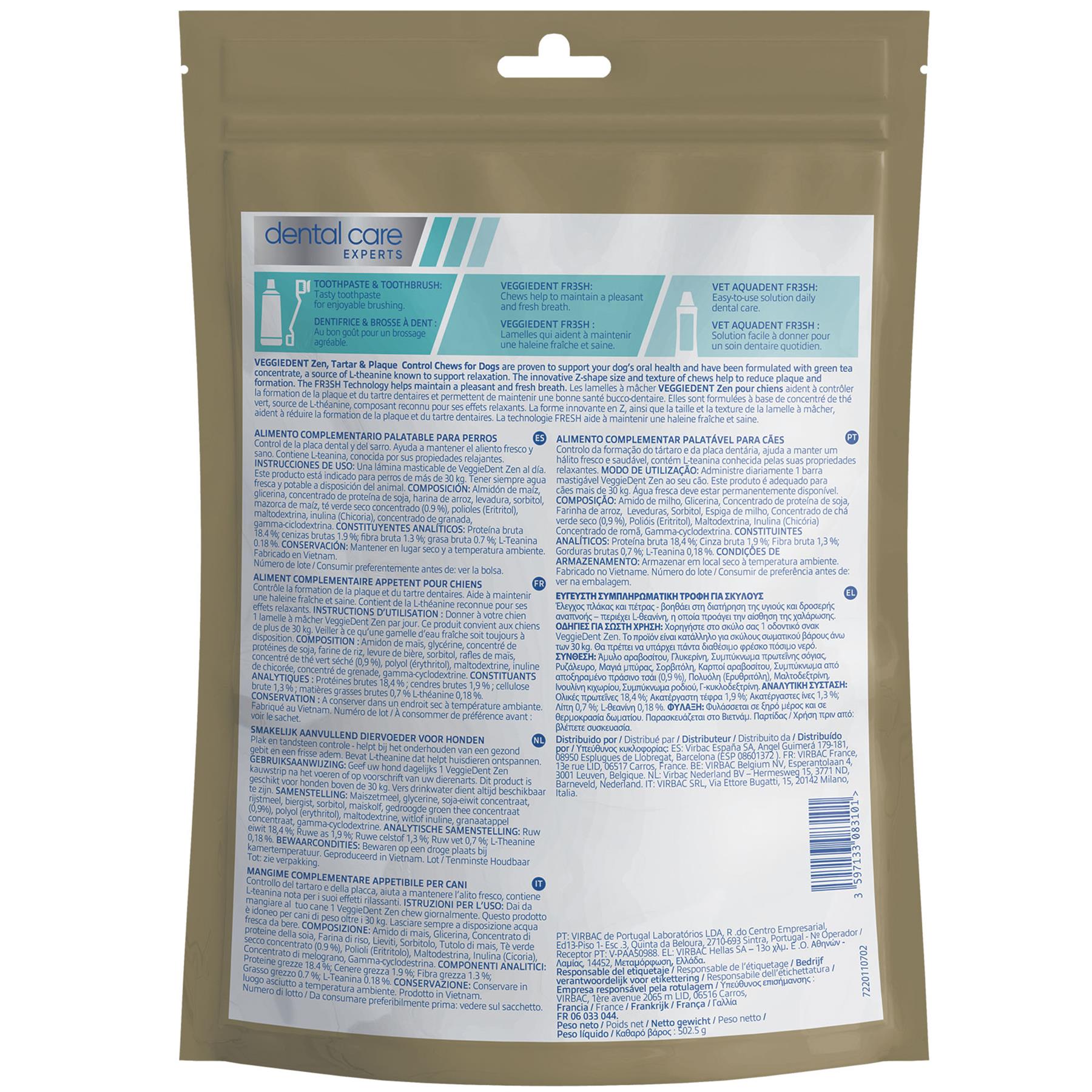 Virbac Veggiedent Zen 15 Dental Oral Care Dog Chews + Calming Anxiety Relief XS S M L