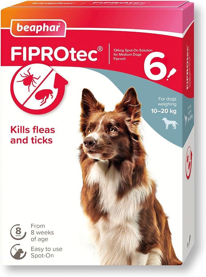 Beaphar FIPROtec Flea & Tick Spot-On Treatment for Medium Dogs (10-20kg), 1, 4, 6