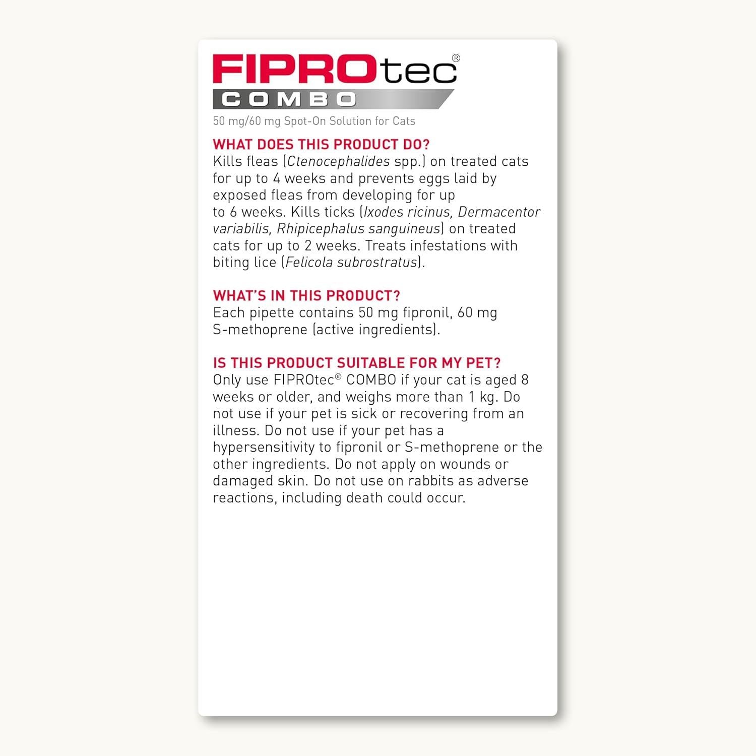 Beaphar FIPROtec COMBO Flea & Tick Spot-On Treatment for Cats, 1, 3, 6 Pipettes