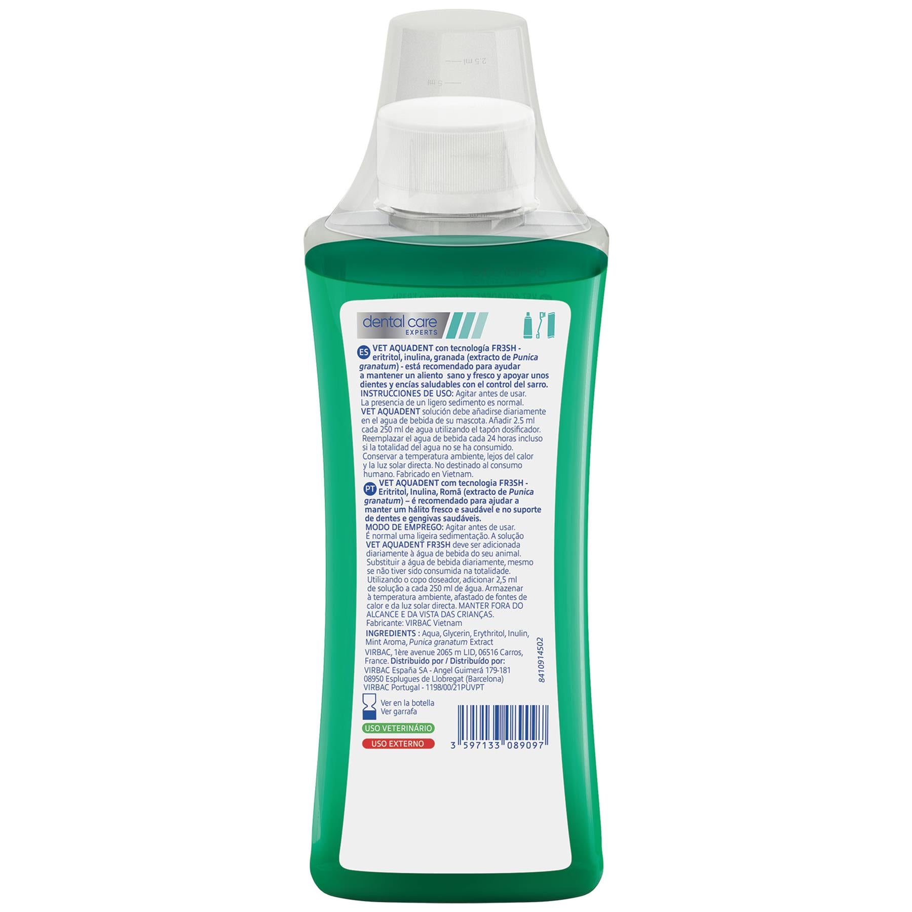 Virbac Vet Aquadent Anti-Plaque Solution for Cat and Dog, Pet Dental Care Solution