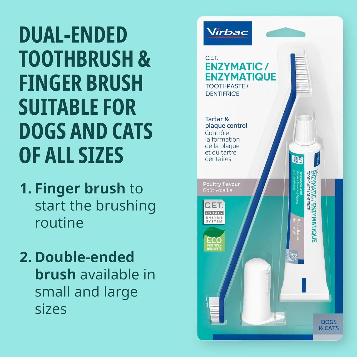 Virbac Dog Cat Toothpaste Kit Dental Toothbrush Finger Brush Poultry Flavour 70g Fish