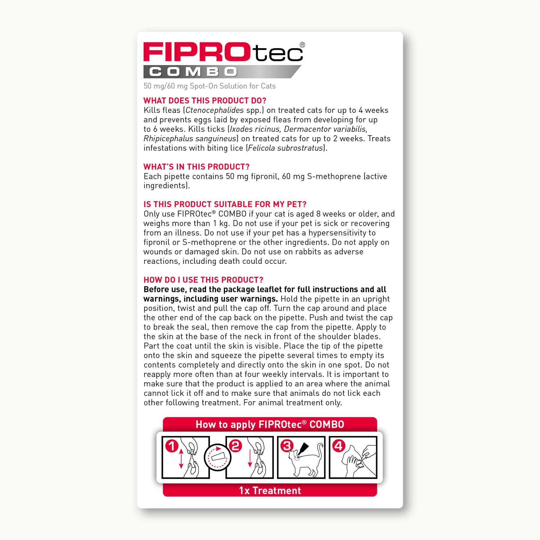 Beaphar FIPROtec COMBO Flea & Tick Spot-On Treatment for Cats, 1, 3, 6 Pipettes