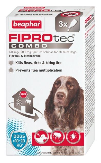 Beaphar FIPROtec COMBO Flea & Tick Spot-On for Medium Dogs (10-20kg), 1, 3, 6 Pipette