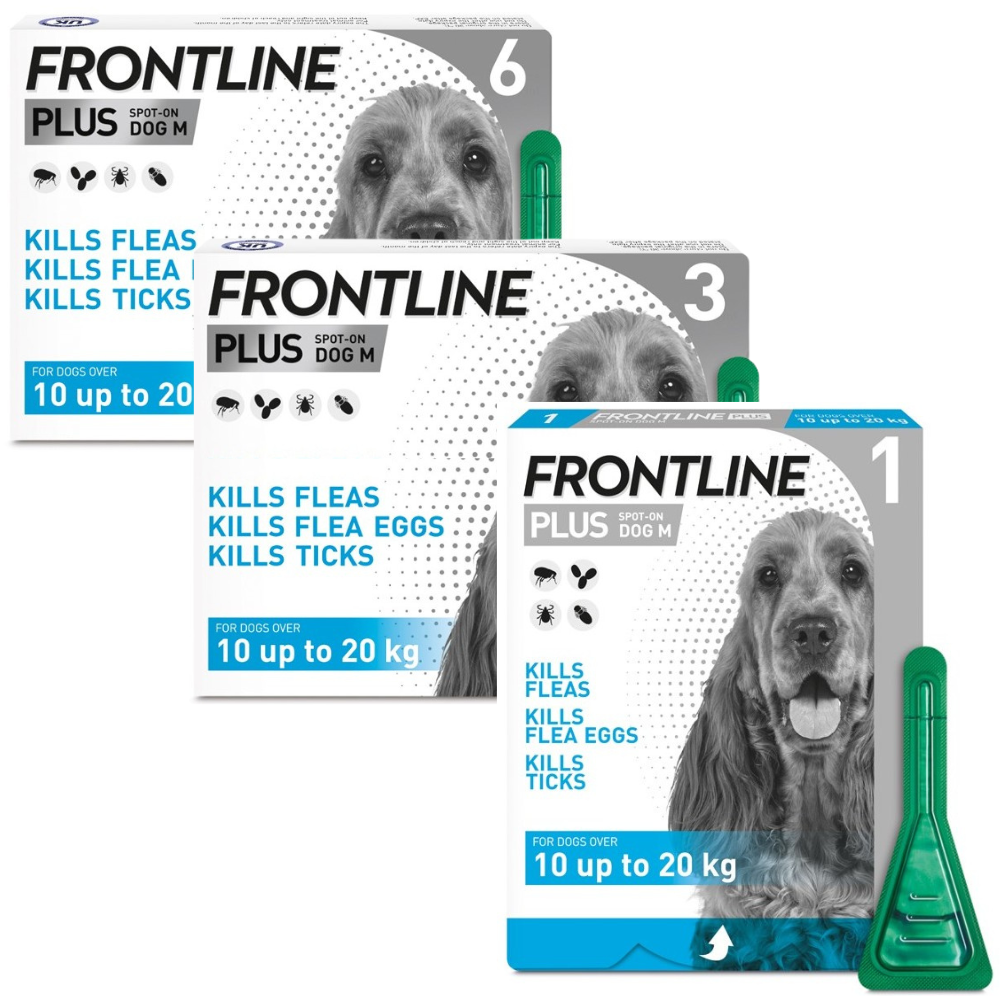 FRONTLINE Plus Flea & Tick Treatment Medium Dog (10-20kg) 1, 3, 6 Pipette Packs