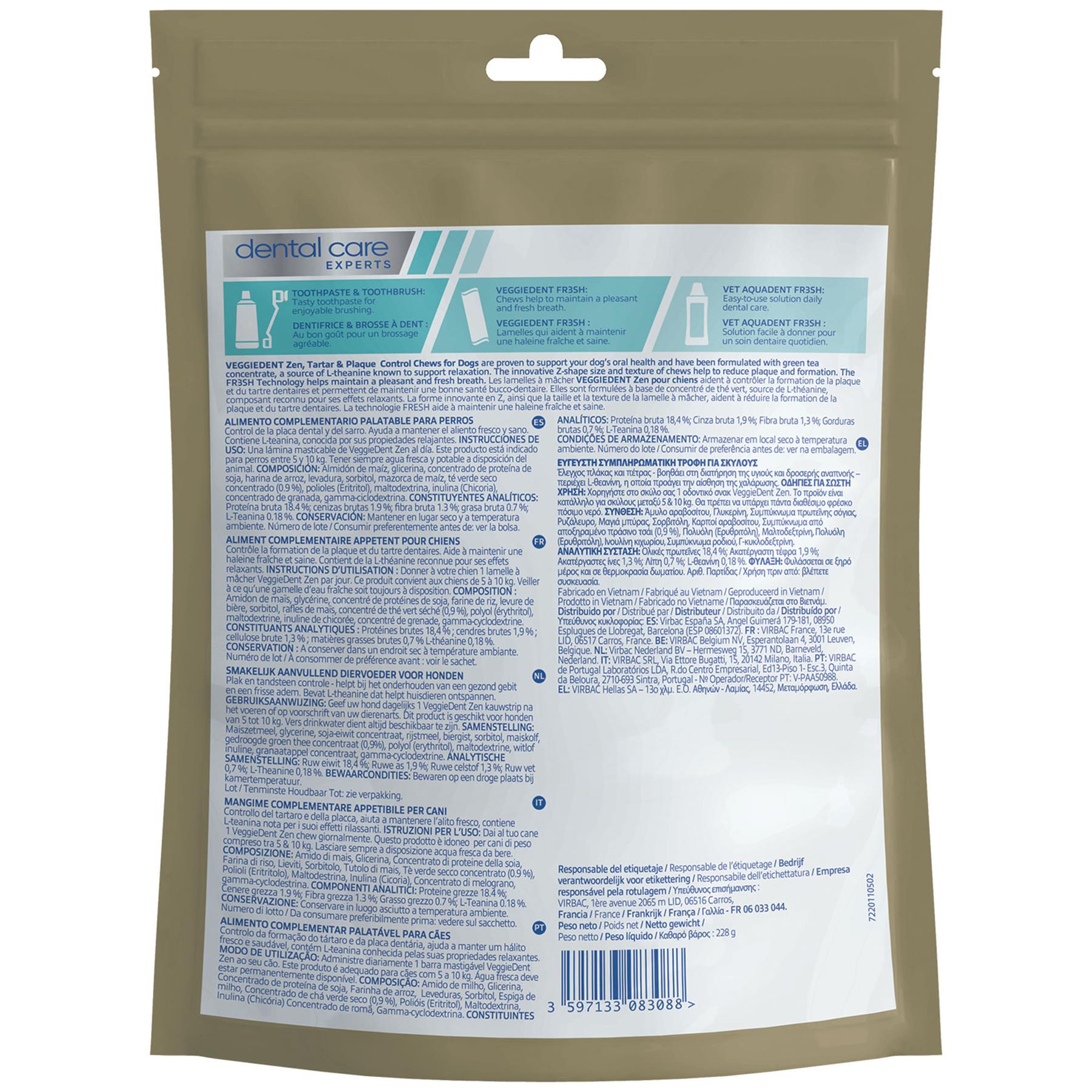 Virbac Veggiedent Zen 15 Dental Oral Care Dog Chews + Calming Anxiety Relief XS S M L