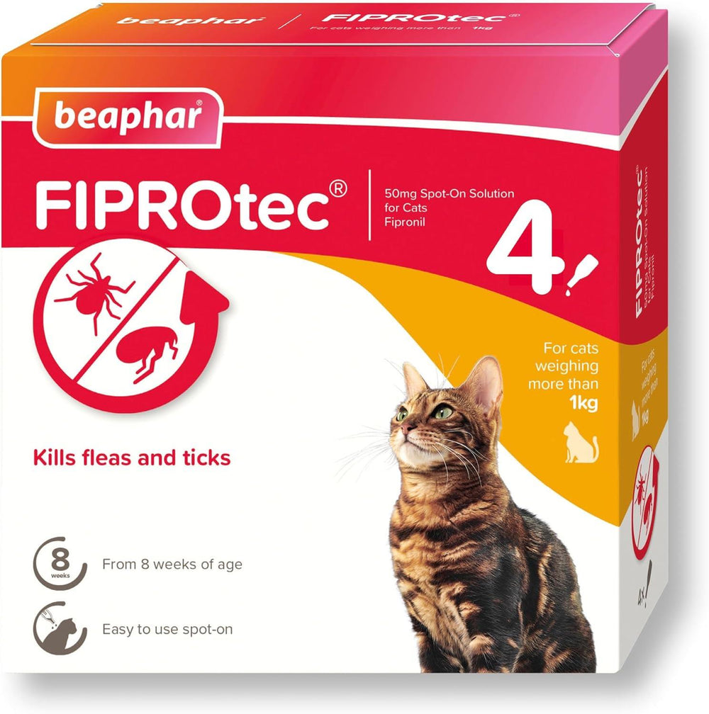 Beaphar FIPROtec Spot-On Flea & Tick Treatment for Cats, 1, 4, 6 Pipettes