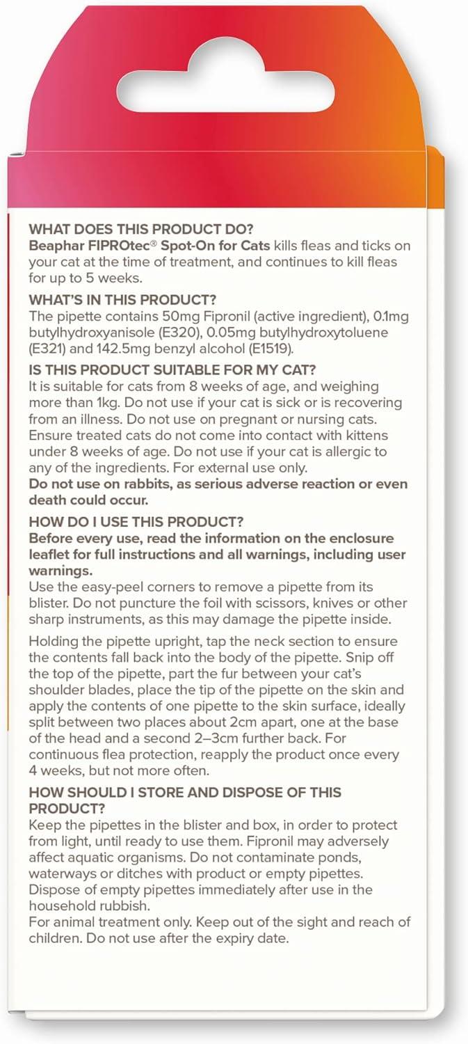 Beaphar FIPROtec Spot-On Flea & Tick Treatment for Cats, 1, 4, 6 Pipettes