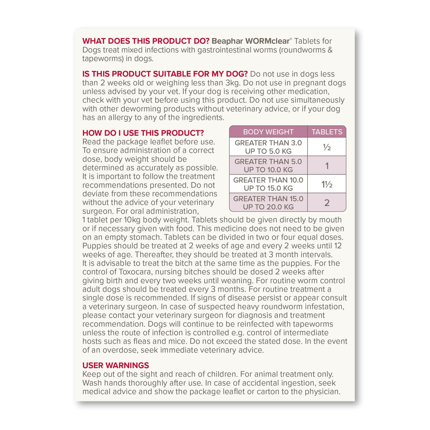 Beaphar WORMclear Worming Tablets for Cats, Kittens, Small Medium and Large Dogs