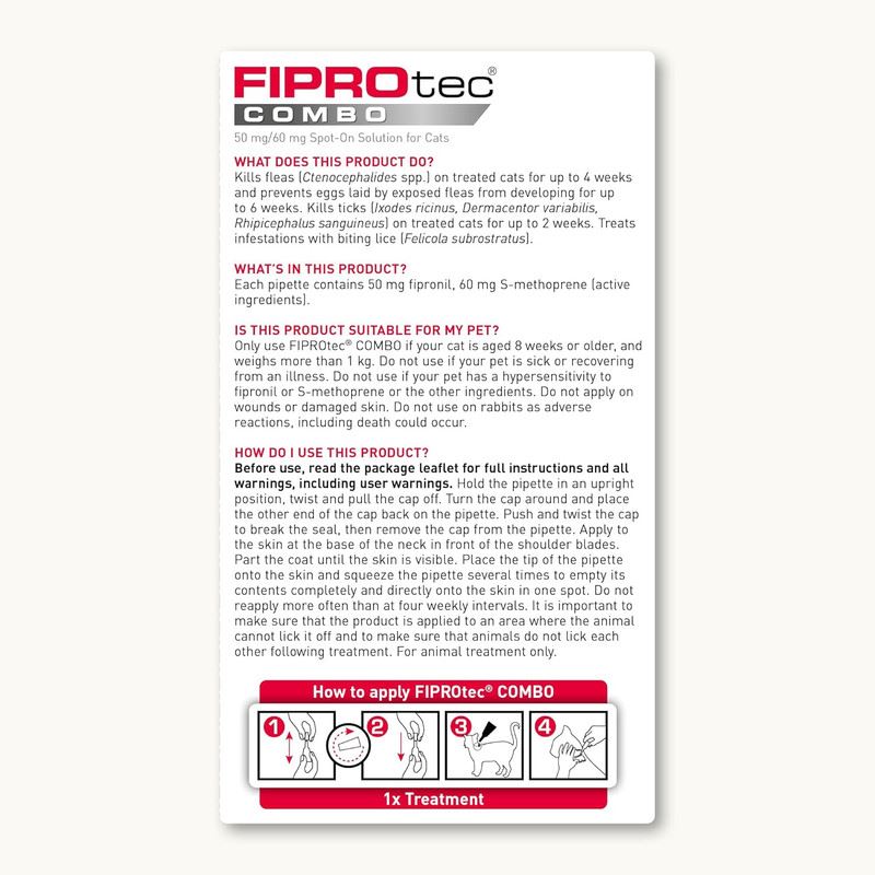 Beaphar FIPROtec COMBO Flea & Tick Spot-On Treatment for Cats, 1, 3, 6 Pipettes