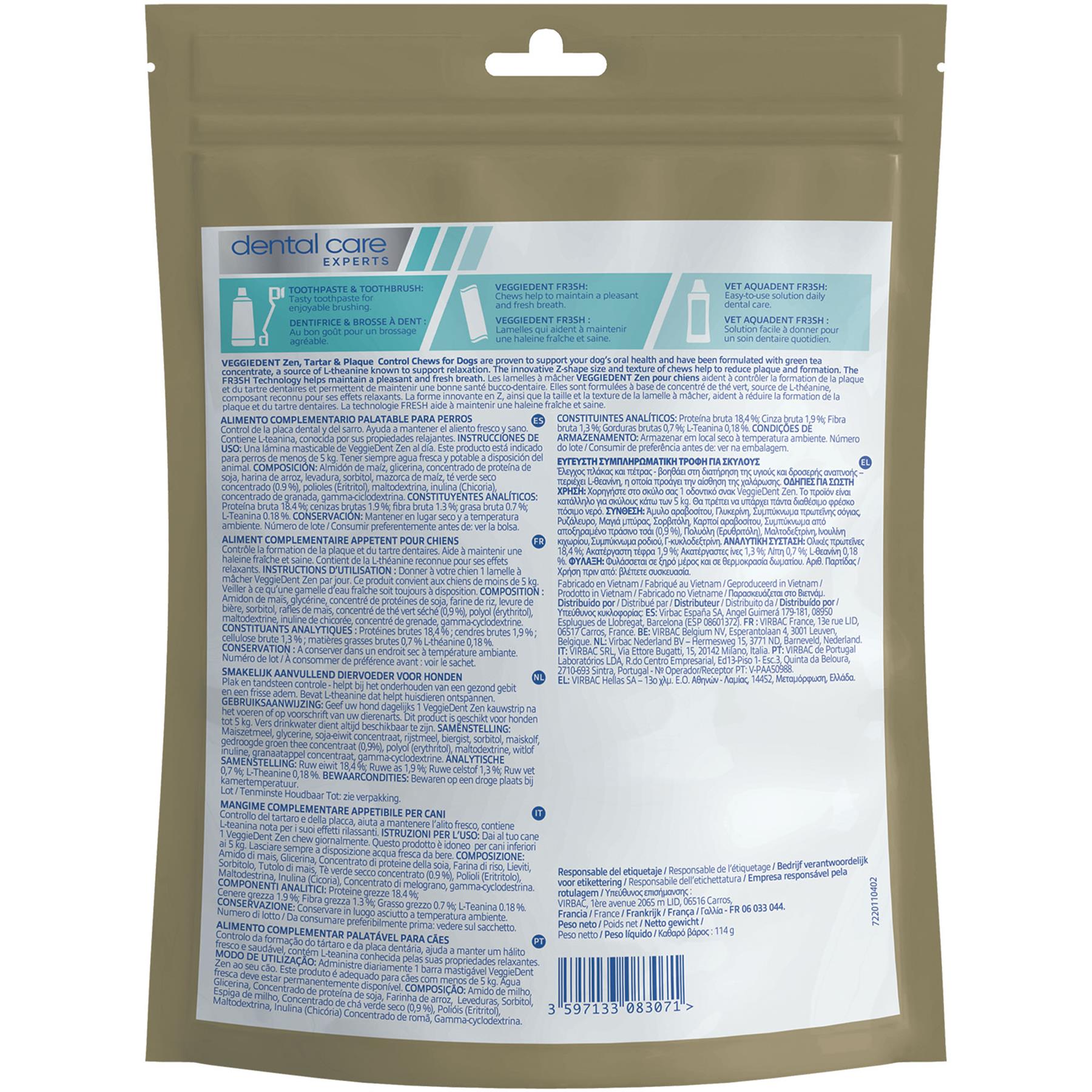 Virbac Veggiedent Zen 15 Dental Oral Care Dog Chews + Calming Anxiety Relief XS S M L