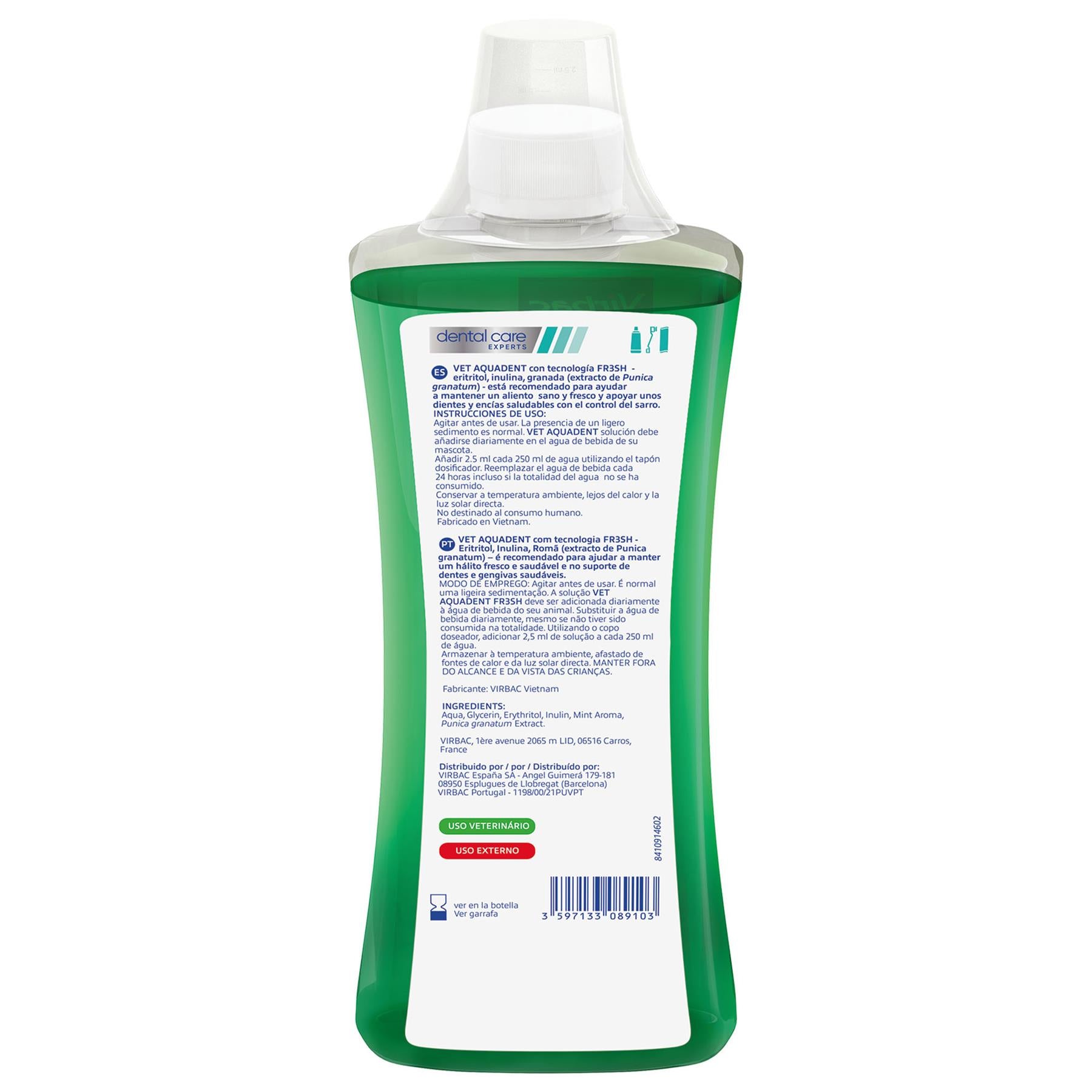 Virbac Vet Aquadent Anti-Plaque Solution for Cat and Dog, Pet Dental Care Solution